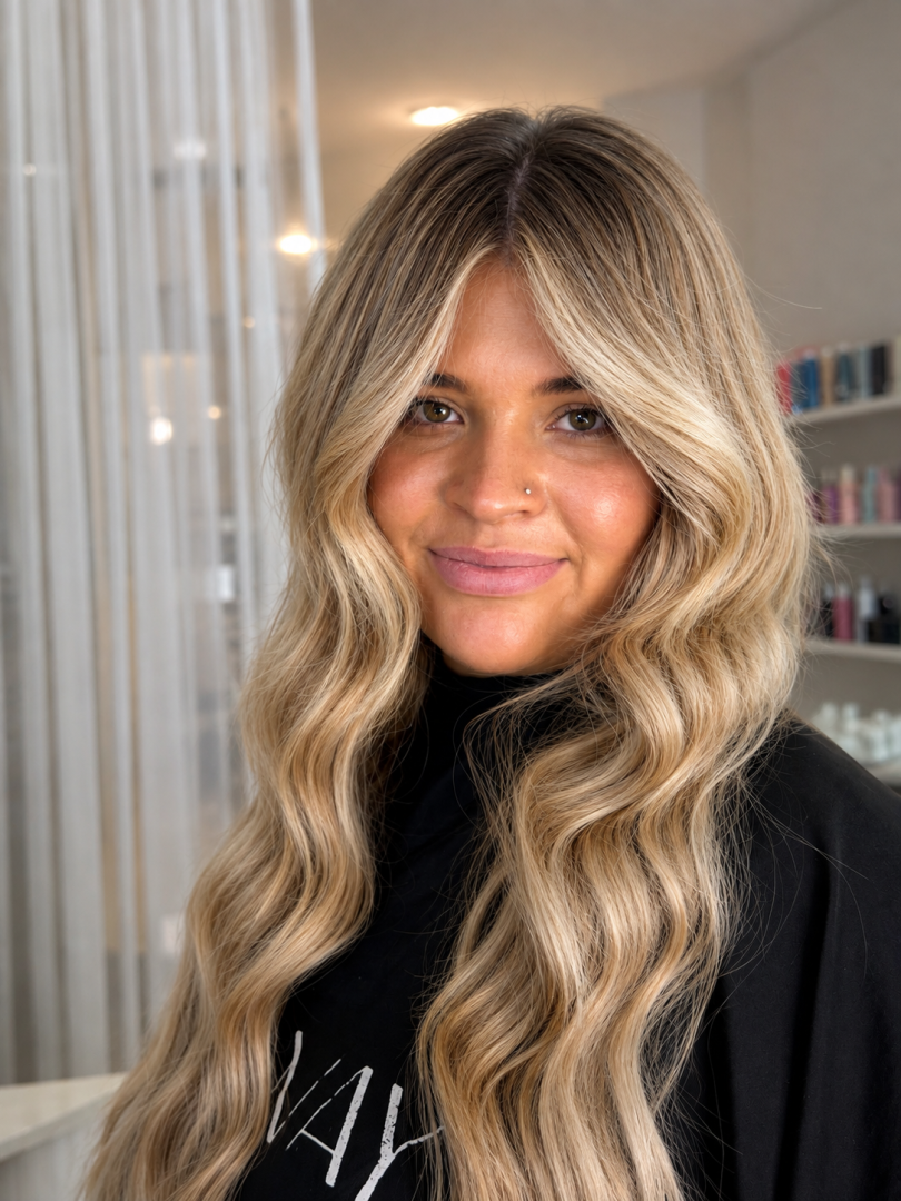 Lived-in blonde balayage with soft waves created at Runway Tamworth