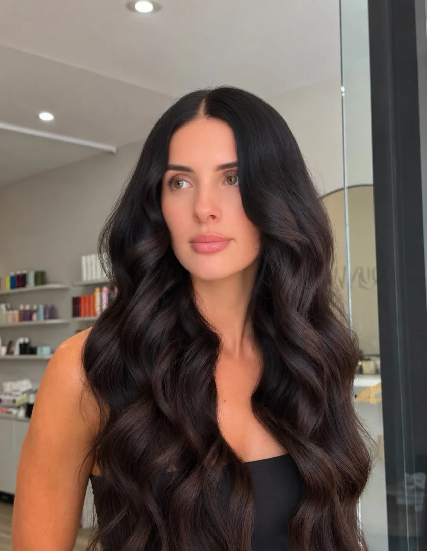 Long, glossy dark brunette hair extensions blended by a Runway stylist in Tamworth